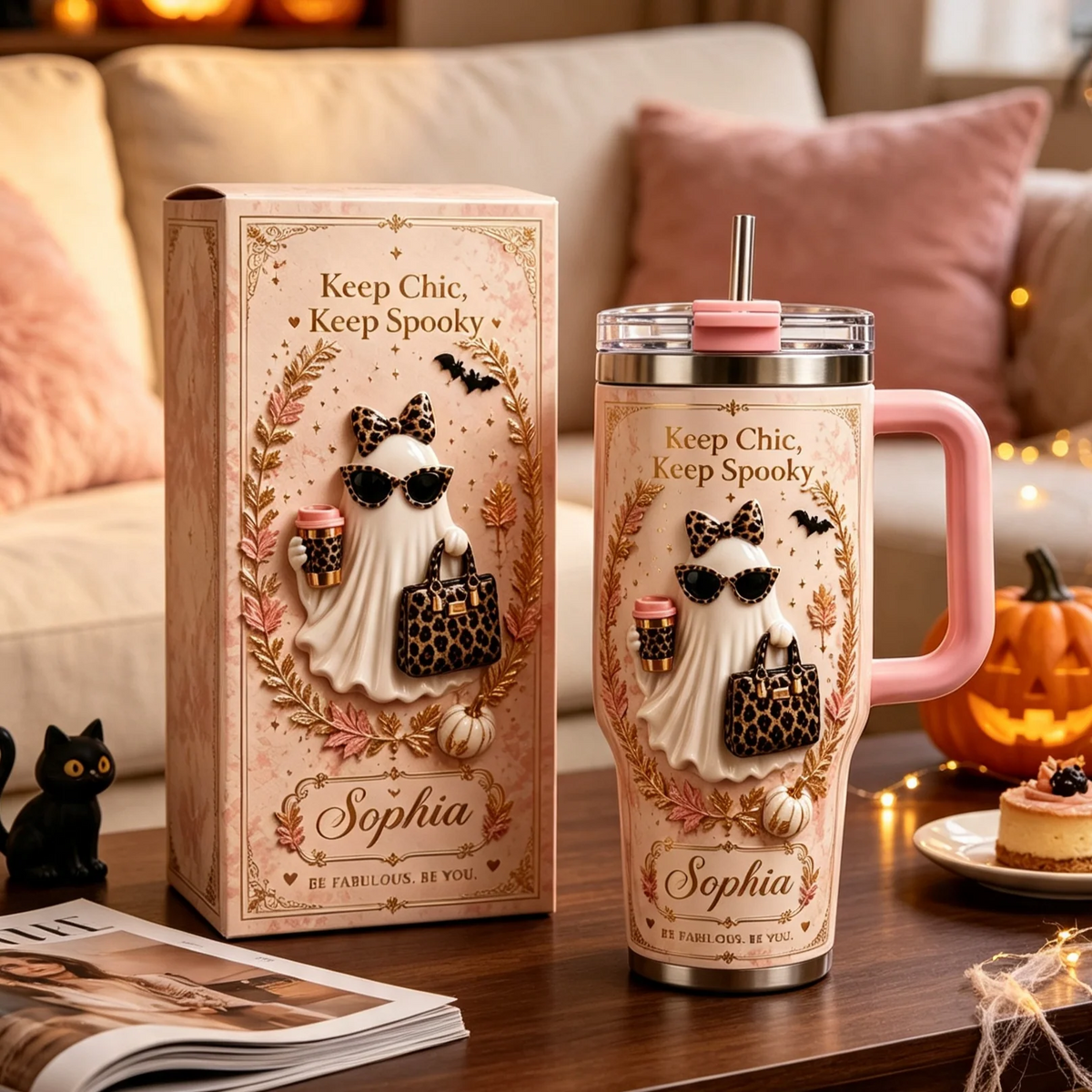 Personalized Vintage Halloween Ghost Insulated Tumbler With Handle, Custom Name Spooky Gift