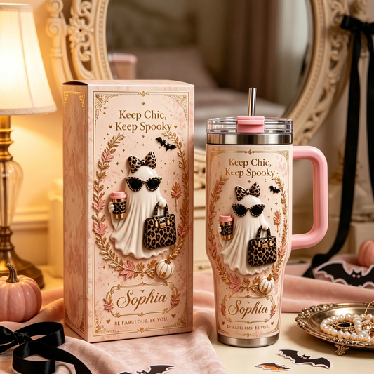 Personalized Vintage Halloween Ghost Insulated Tumbler With Handle, Custom Name Spooky Gift